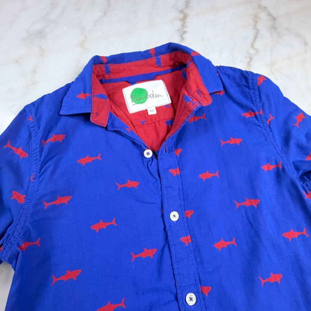 Mini Boden Boys Blue Red Shark Print Cotton Button Down Shirt Size 11-12Y B0211